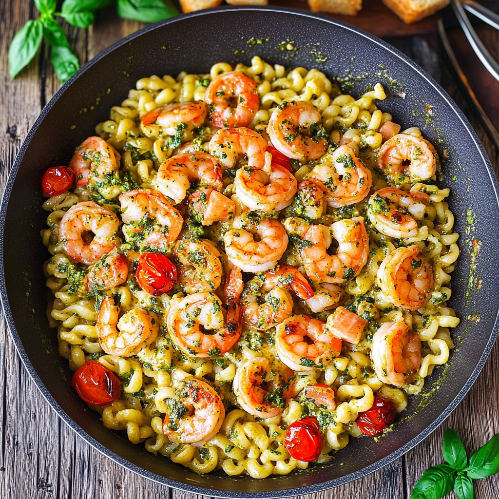 Recipe preparation for Shrimp Pesto Pasta