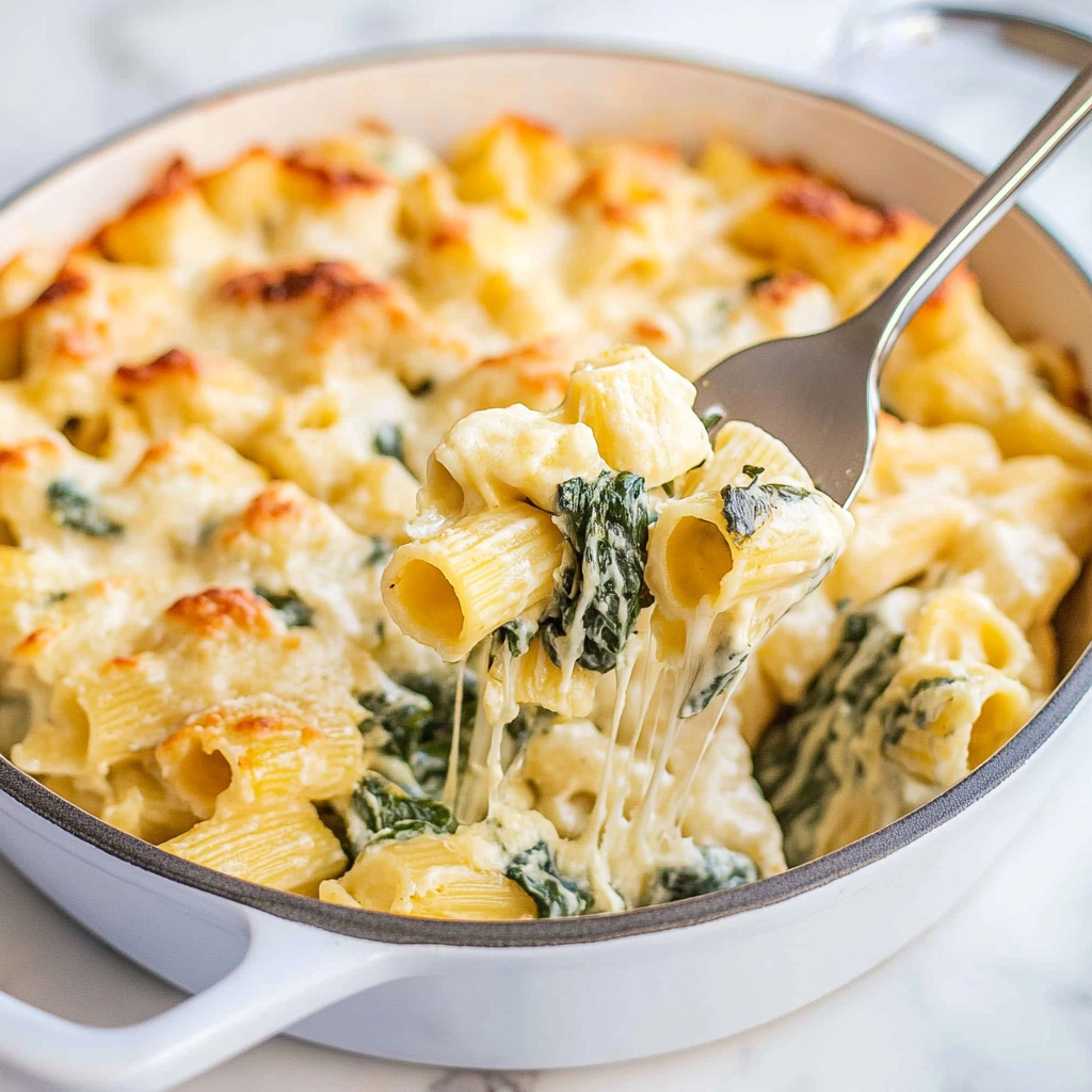 Recipe preparation for Creamy Spinach Artichoke Pasta Bake