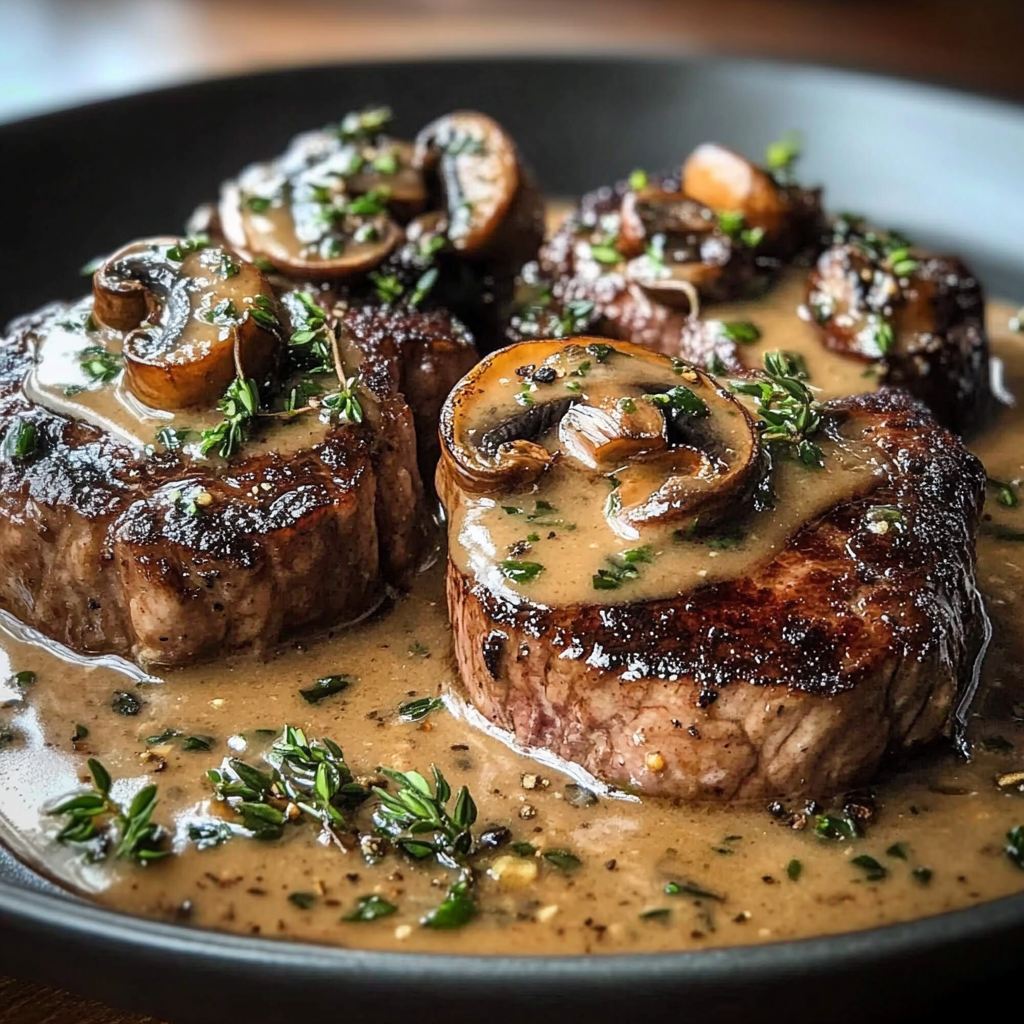 Recipe preparation for Ribeye Steaks with Mushroom Sauce