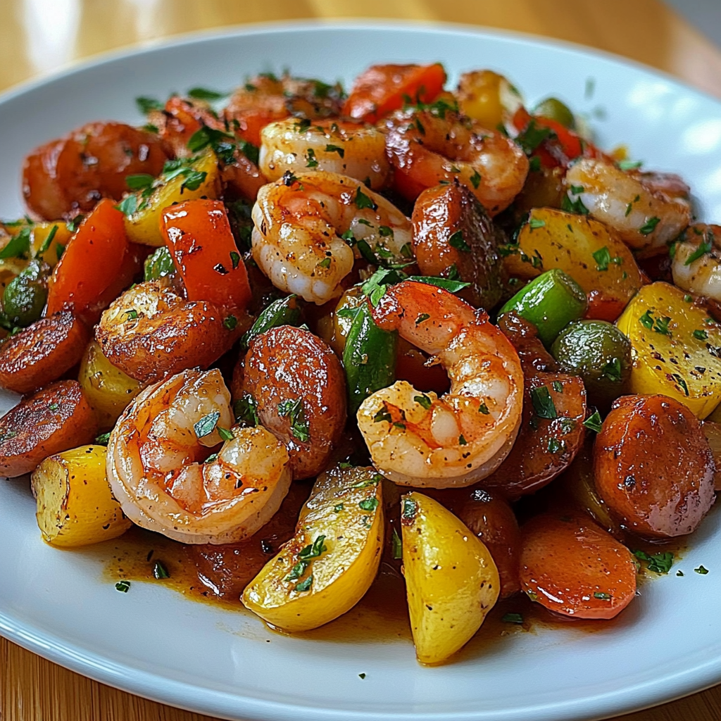 Recipe preparation for Shrimp and Sausage Veggie Skillet