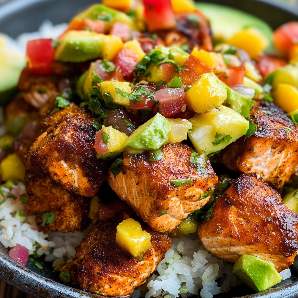 Recipe preparation for Crispy Air Fryer Salmon Bites whit Mango Salsa