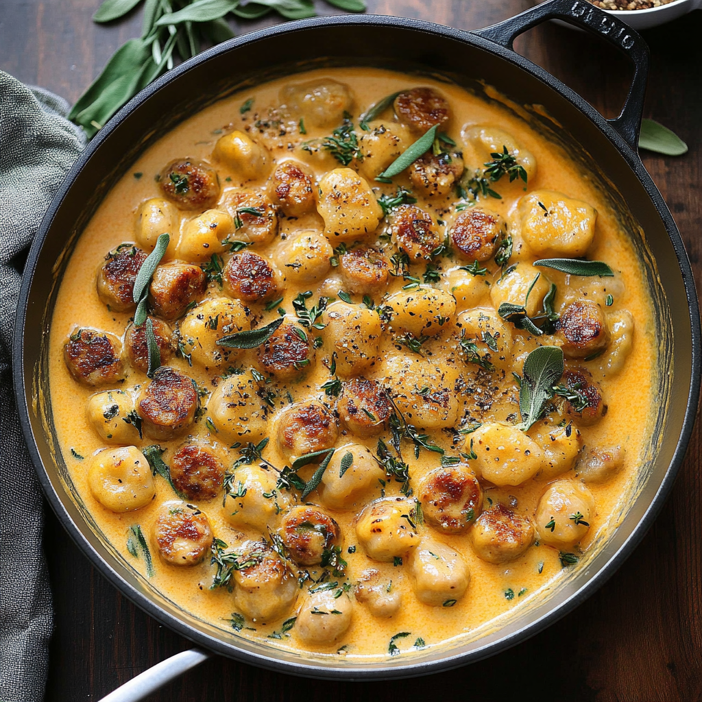 Recipe preparation for creamy butternut squash gnocchi with sausage