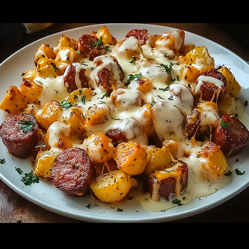 Recipe preparation for cheesy ranch potatoes and smoked sausage
