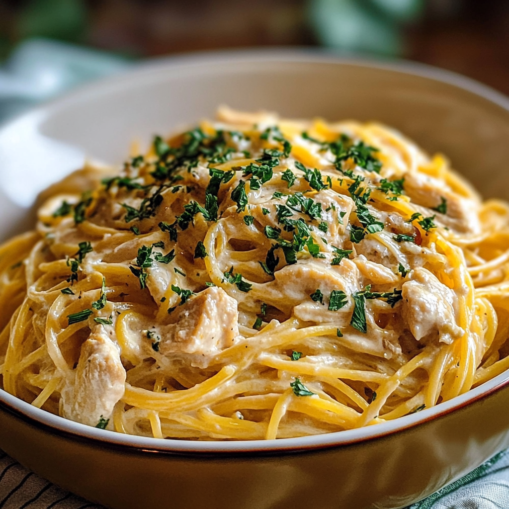Recipe preparation for Creamy Crockpot Chicken Spaghetti
