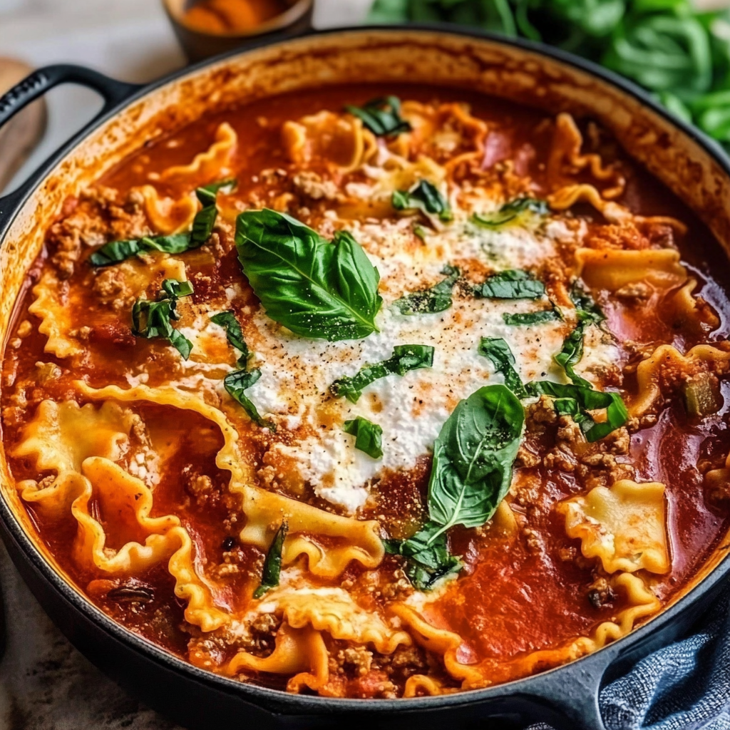 Recipe preparation for Cheesy Lasagna Soup