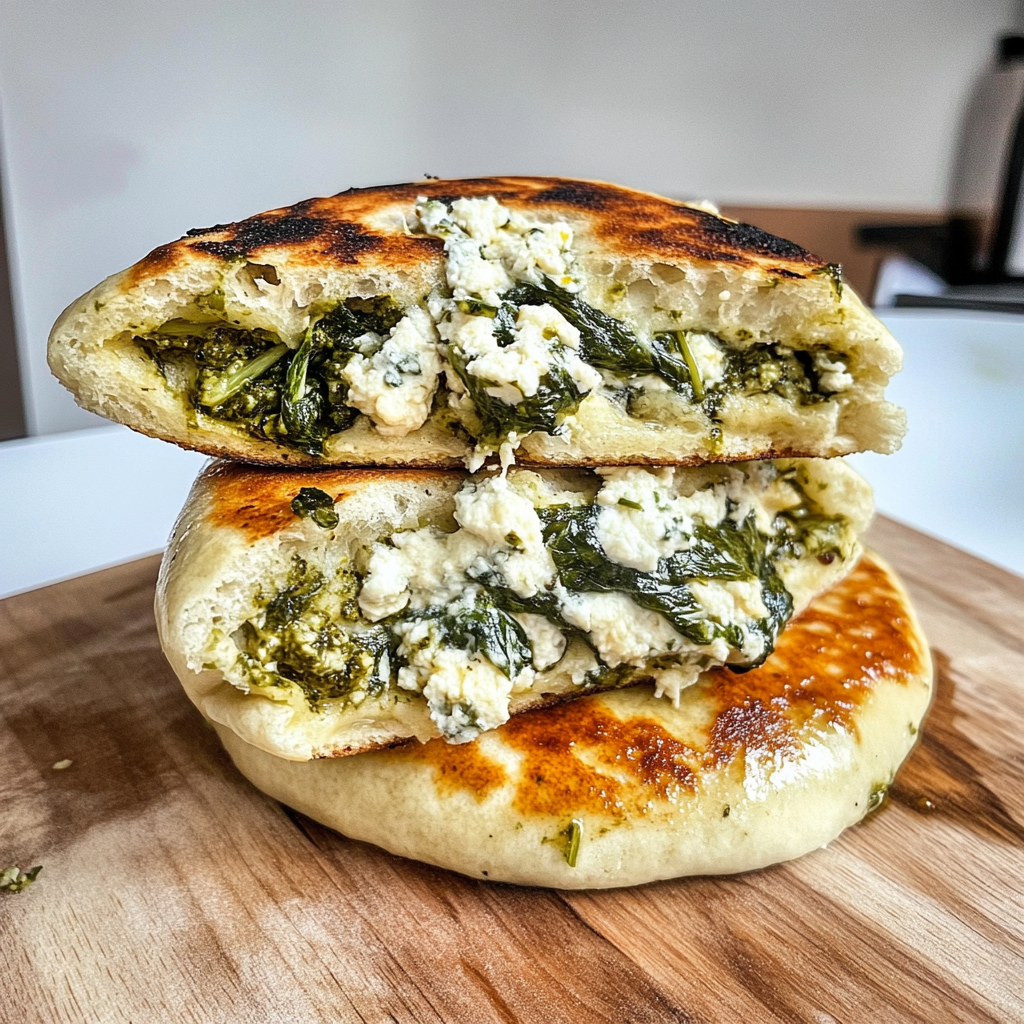 Recipe preparation for Cheesy Spinach Stuffed Flatbreads