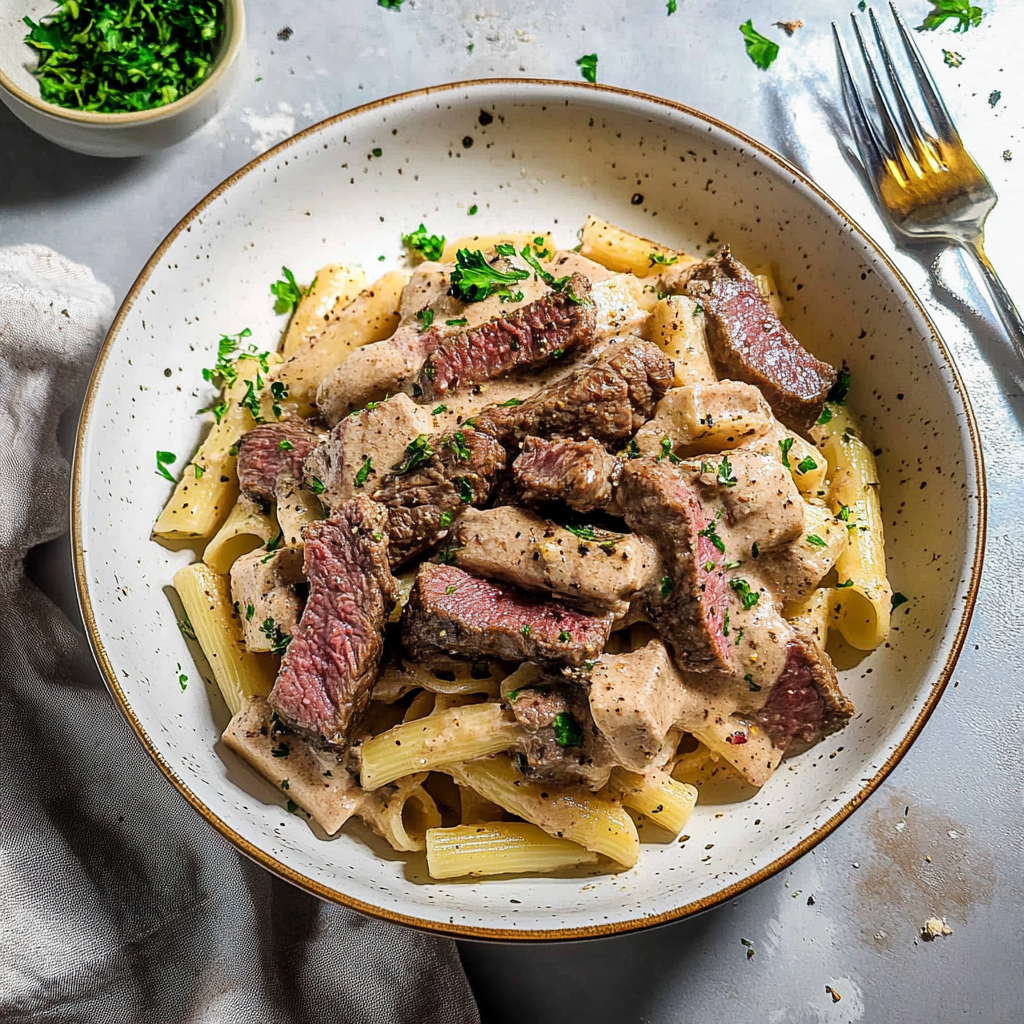 Recipe preparation for Creamy Steak Pasta