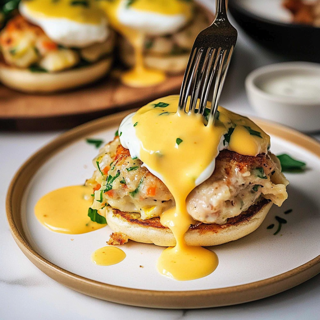 Recipe preparation for Crab Cake Benedict